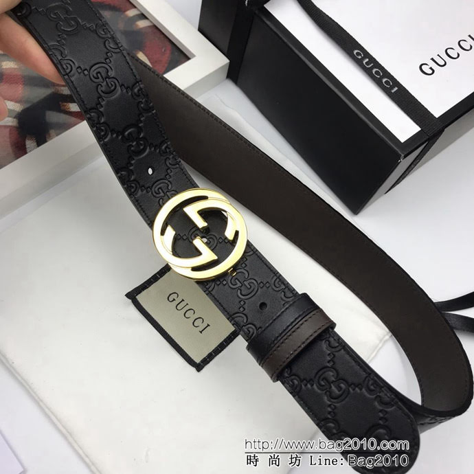 GUCCI古馳 官網新款 原單品質 頭層小牛皮壓花 咖啡色頭層皮底 旋轉雙G扣 男士皮帶  xfp1455